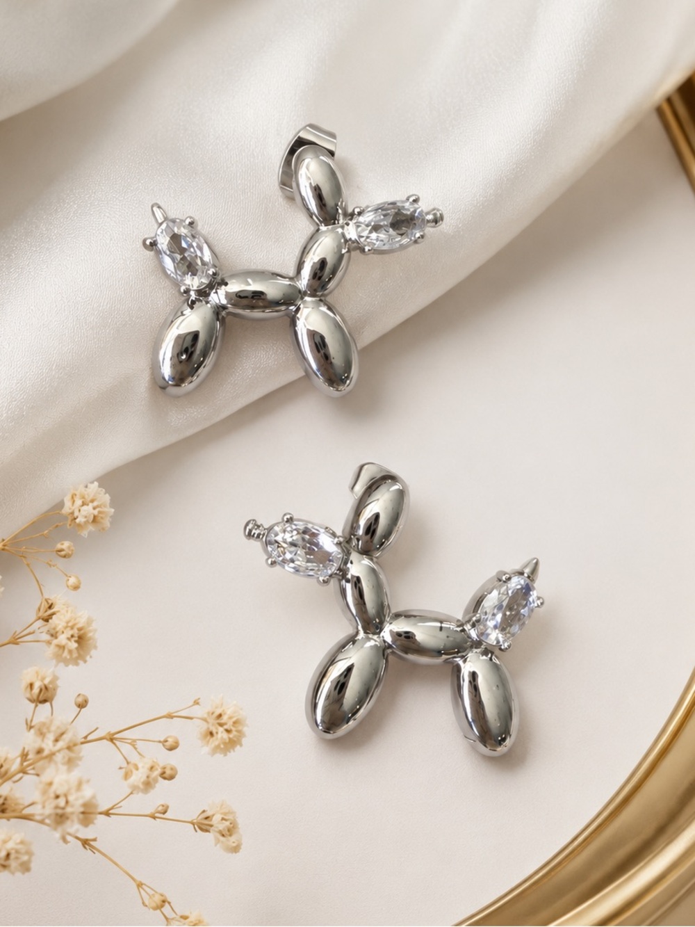 Silver Balloon Dog Crystal Earrings - Playful Silver Tone